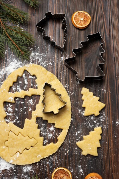 Flat lay cookie dough with tree shape