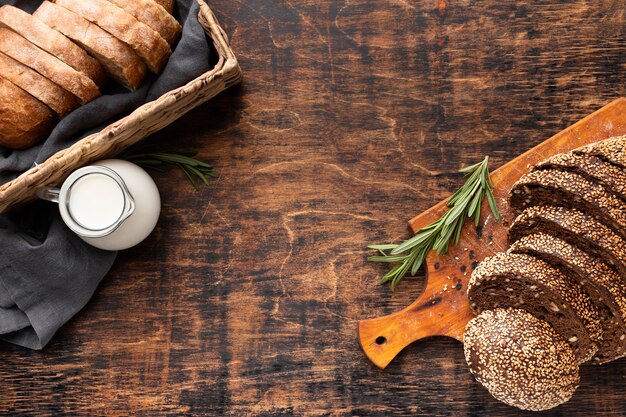 Flat lay of delicious bread with copy space