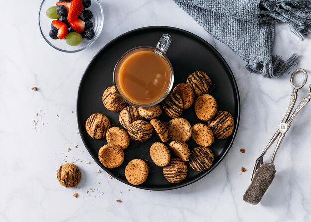 Flat lay delicious breakfast meal assortment