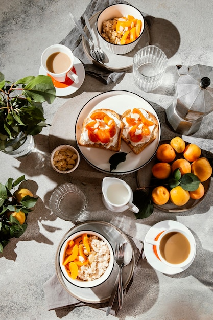 Flat lay delicious breakfast meal assortment