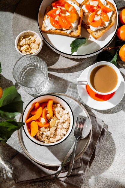 Flat lay delicious breakfast meal assortment