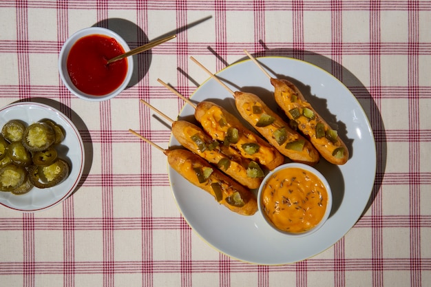 Free photo flat lay delicious corn dogs assortment