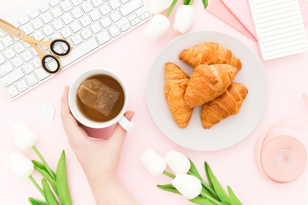 Flat lay delicious croissant for breakfast