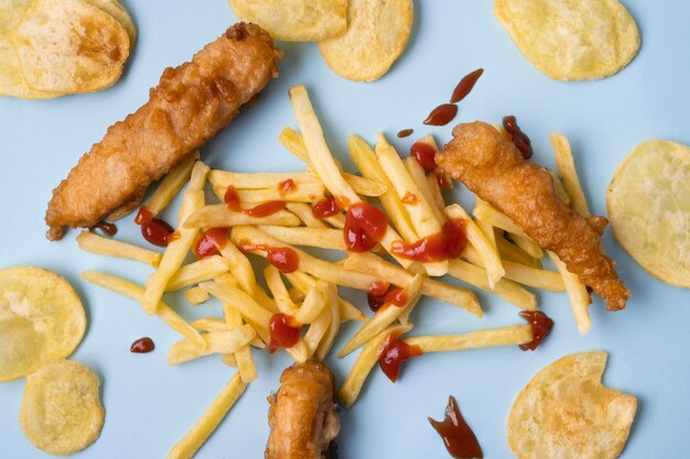 Flat lay of delicious fish and chips concept