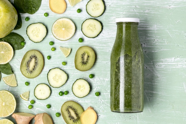 Flat lay delicious green smoothie