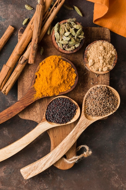 Flat lay delicious indian spices