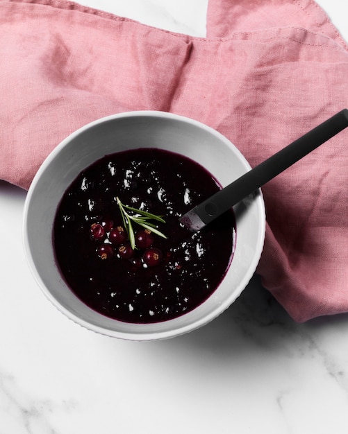 Flat lay delicious jam in bowl