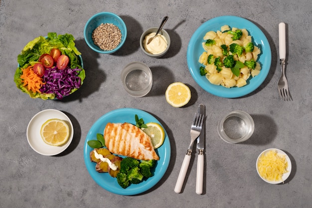 Flat lay delicious meals arrangement