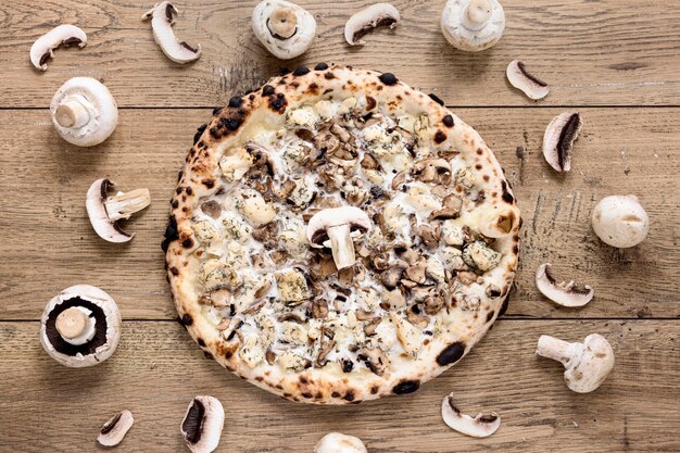 Flat lay delicious mushroom pizza