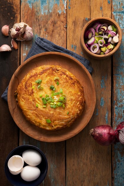 Flat lay delicious spanish tortilla still life