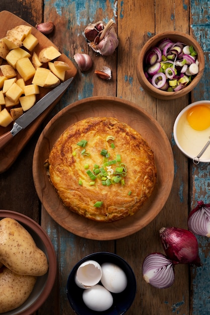 Flat lay delicious spanish tortilla still life