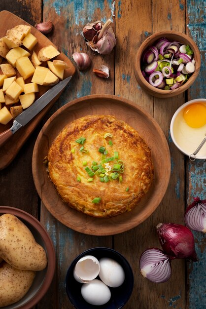 Flat lay delicious spanish tortilla still life