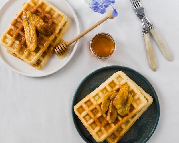 Flat lay of delicious waffers breakfast