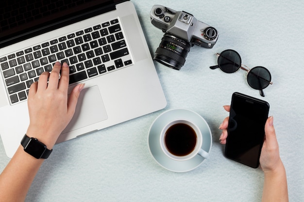 Flat lay desk concept with smartphone template