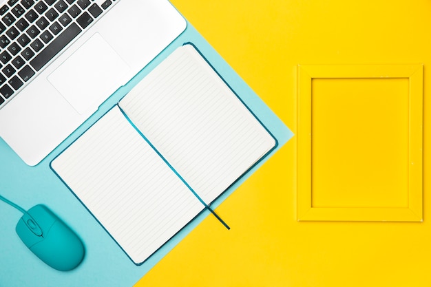 Free Photo flat lay desk concept with yellow frame