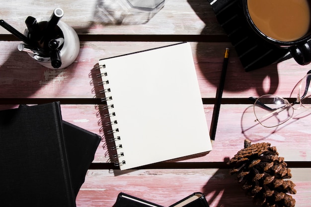 Free Photo flat lay  of desk concept on wooden table