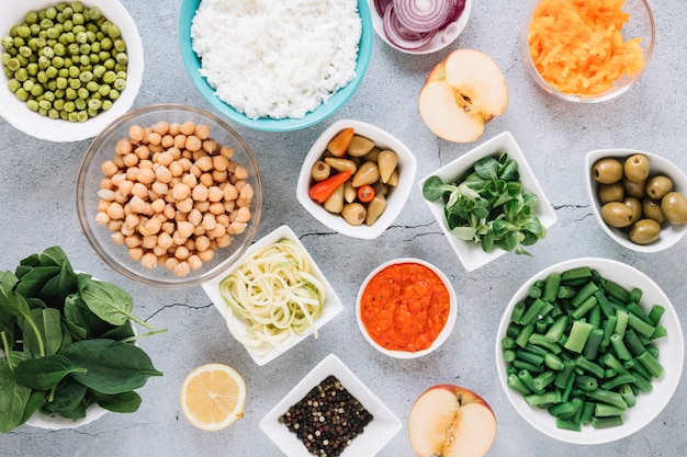 Free Photo flat lay of dishes with olives and chickpeas