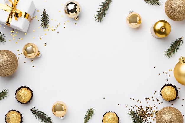 Flat lay festive christmas ornaments with copy space