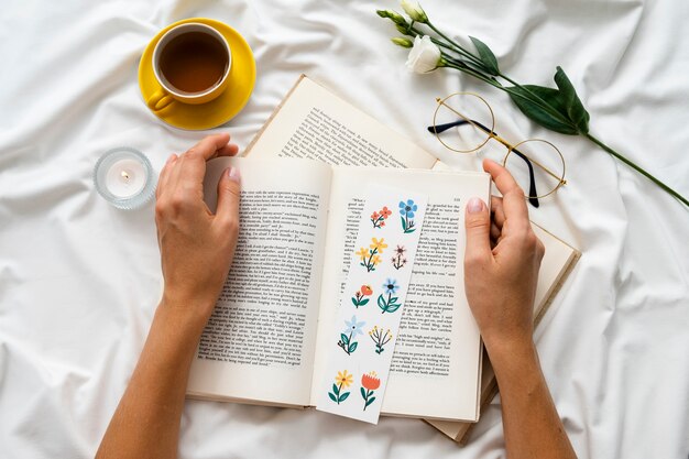 Flat lay floral bookmark on books