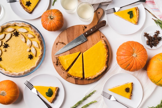 Flat lay food arrangement with pie