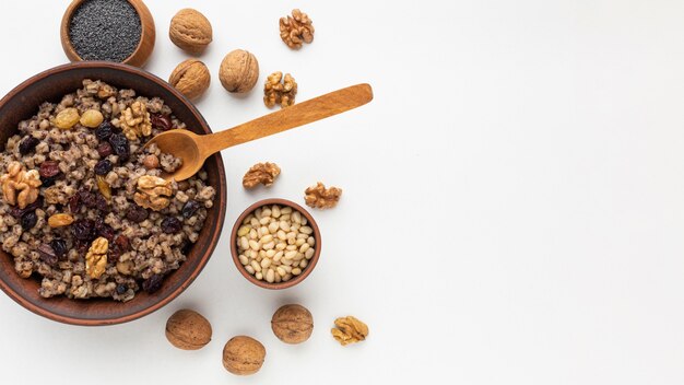 Flat lay food assortment with copy-space