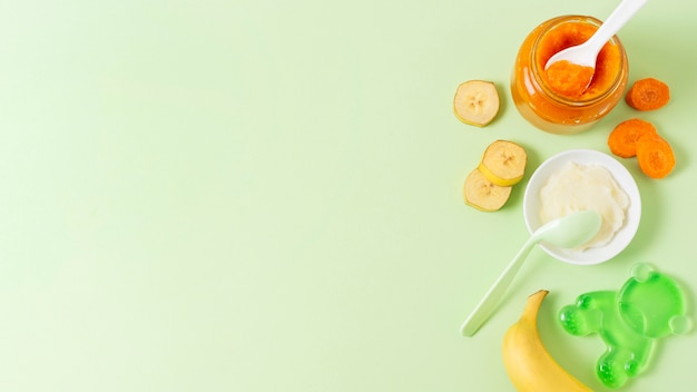 Flat lay food frame with green background