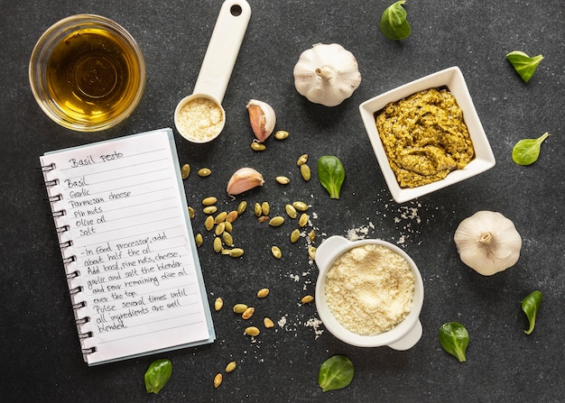 Free photo flat lay of food ingredients with dough and garlic