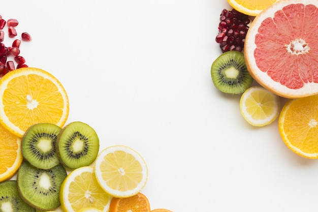 Flat lay of fruit assortement with copy space