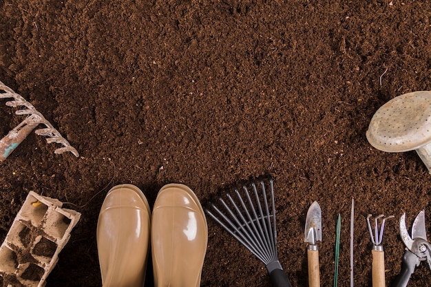 Flat lay gardening composition with copyspace