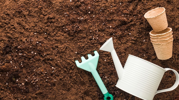 Flat lay of gardening tools with copyspace