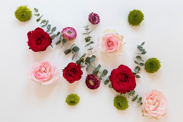 Flat lay of gorgeous flowers arrangement