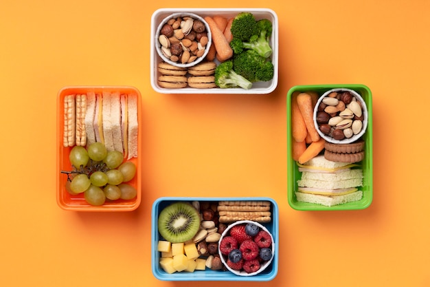 Flat lay healthy food lunch boxes