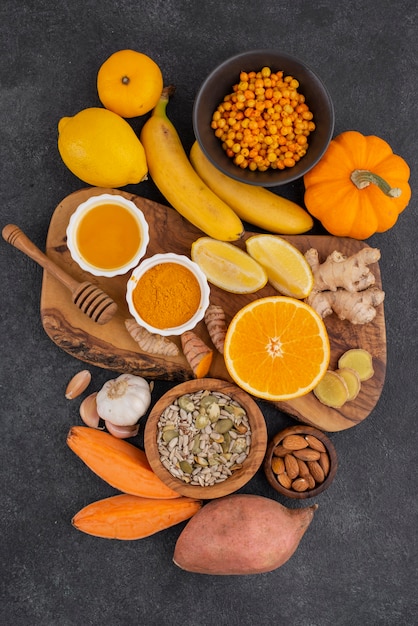 Flat lay of healthy immunity boosting foods