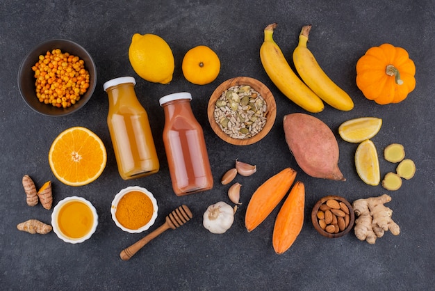 Flat lay of healthy immunity boosting foods