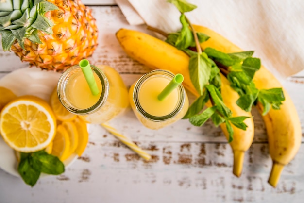 Flat lay of healthy summer fruit juice