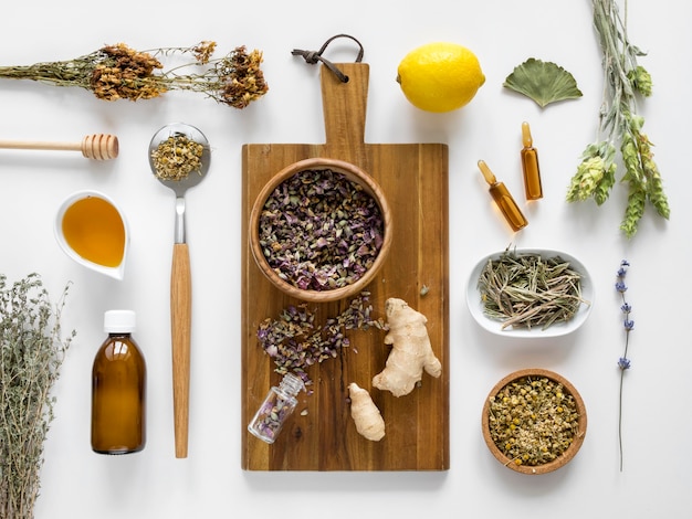 Free photo flat lay of herbs and spices for medicinal purpose