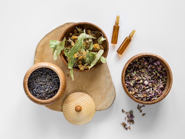 Free photo flat lay of herbs and spices for medicinal purpose