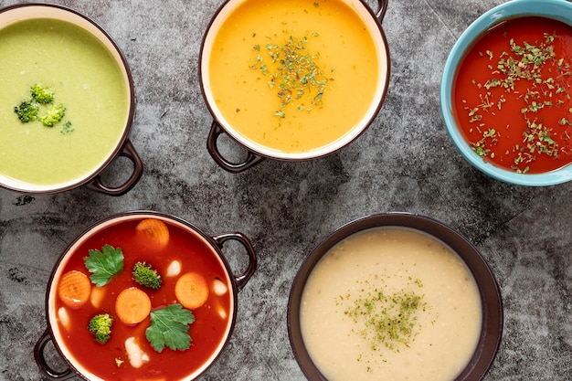 Free Photo flat lay homemade soups assortment