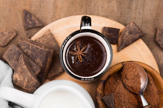 Flat lay hot chocolate aromatic drink