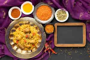 Free photo flat lay indian food with sari and frame