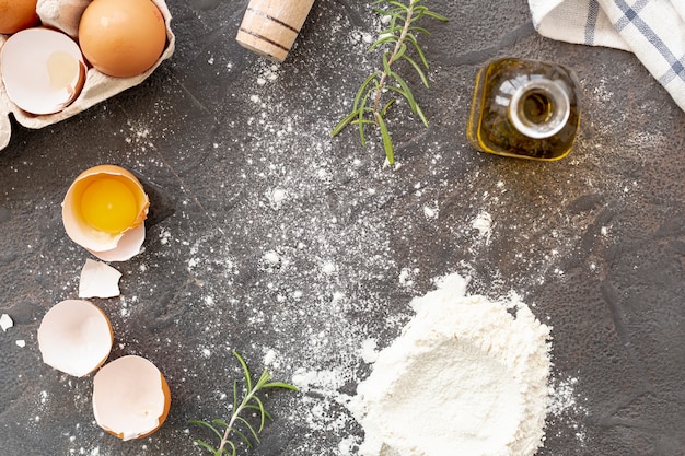 Flat lay of italian ingredients on plain background