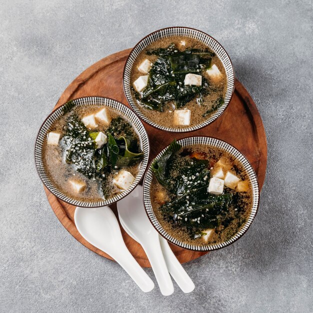 Flat lay japanese food in bowls arrangement