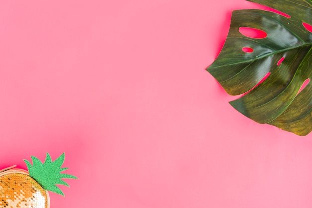 Flat lay of leaf and stylish bag