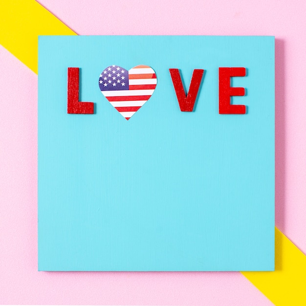 Flat lay love letters with usa flag heart and copy-space