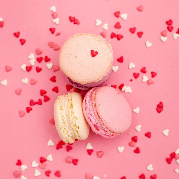 Flat lay of macarons for valentines day