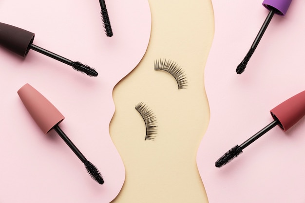 Flat lay mascara and false eyelashes