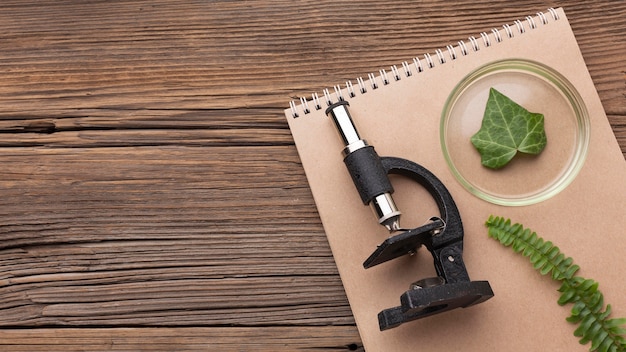 Flat lay microscope and notebook