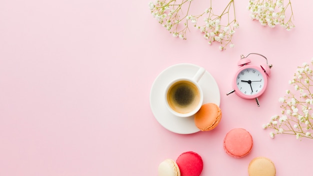 Flat lay morning coffee and time management