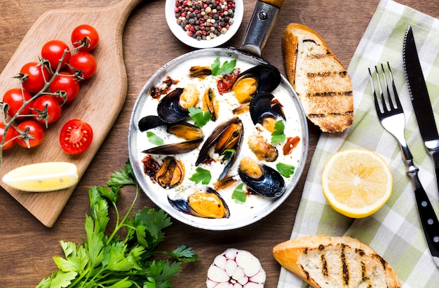 Flat-lay mussels in white sauce with tablecloth and cutlery