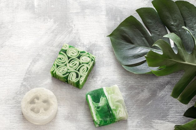 Flat-lay natural bright beautiful cosmetics handmade soap.